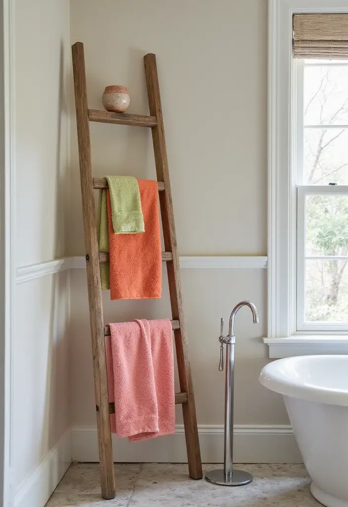 20 Budget-Friendly Bathroom Storage Hacks You Need to Try (#12 Will Save You Space!) - 9. Ladder for Towel Storage