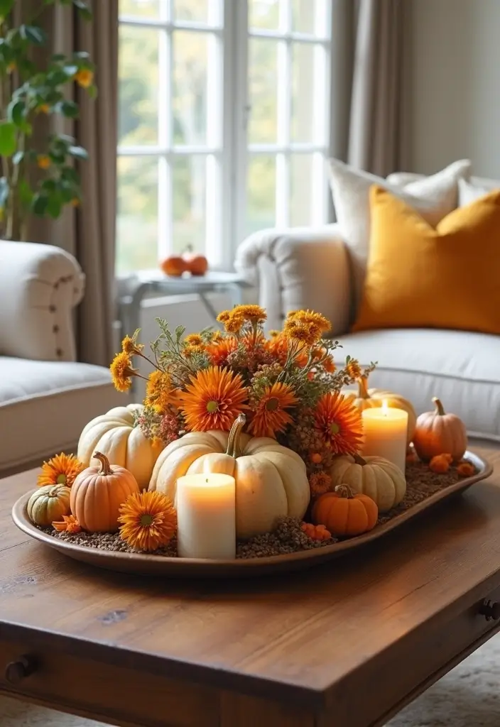 20 Cozy Fall Decor Ideas for Your Living Room That Will Make You Want to Cuddle Up! - 10. Autumn-Focused Coffee Table