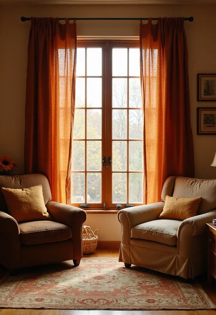 20 Cozy Fall Decor Ideas for Your Living Room That Will Make You Want to Cuddle Up! - 12. Fall-Themed Window Treatments