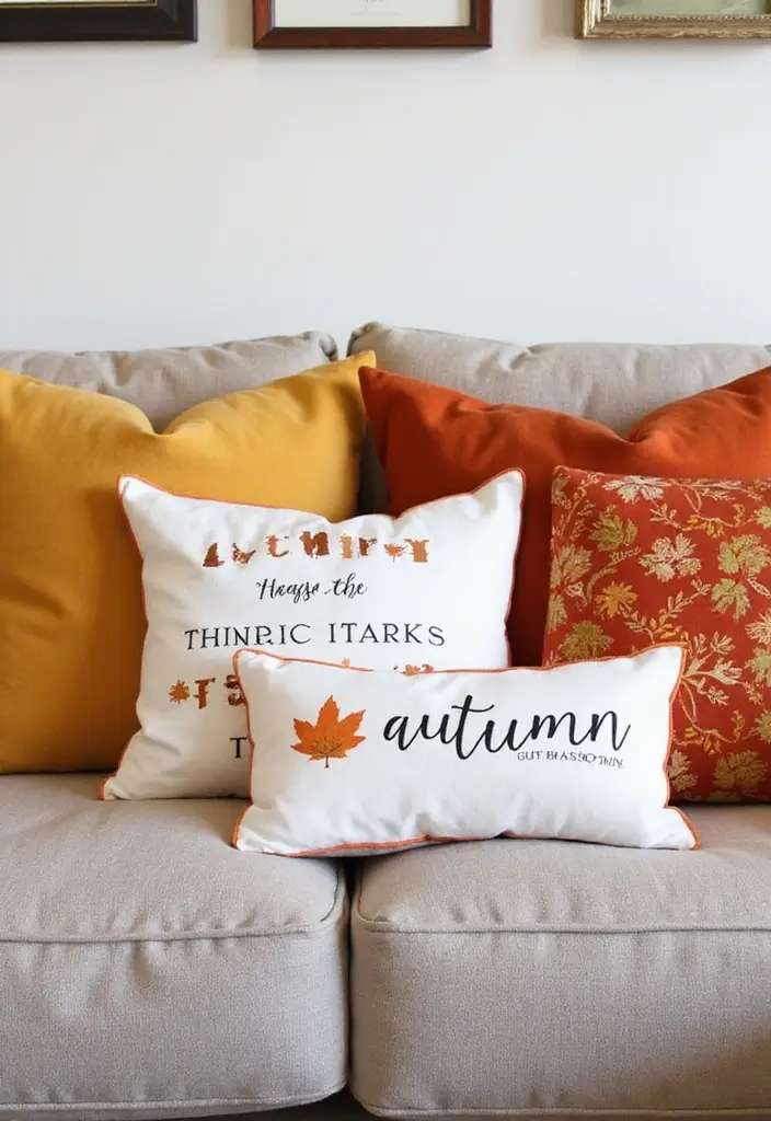 20 Cozy Fall Decor Ideas for Your Living Room That Will Make You Want to Cuddle Up! - 18. Throw Pillows with Quotes
