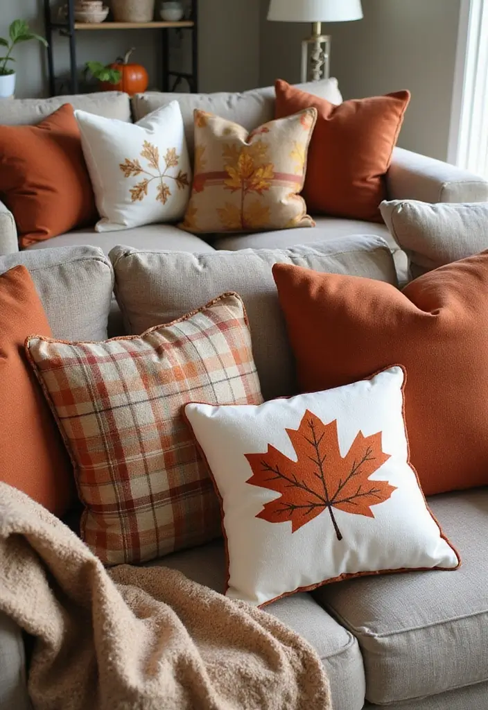 20 Cozy Fall Decor Ideas for Your Living Room That Will Make You Want to Cuddle Up! - 2. Autumn-Inspired Cushions
